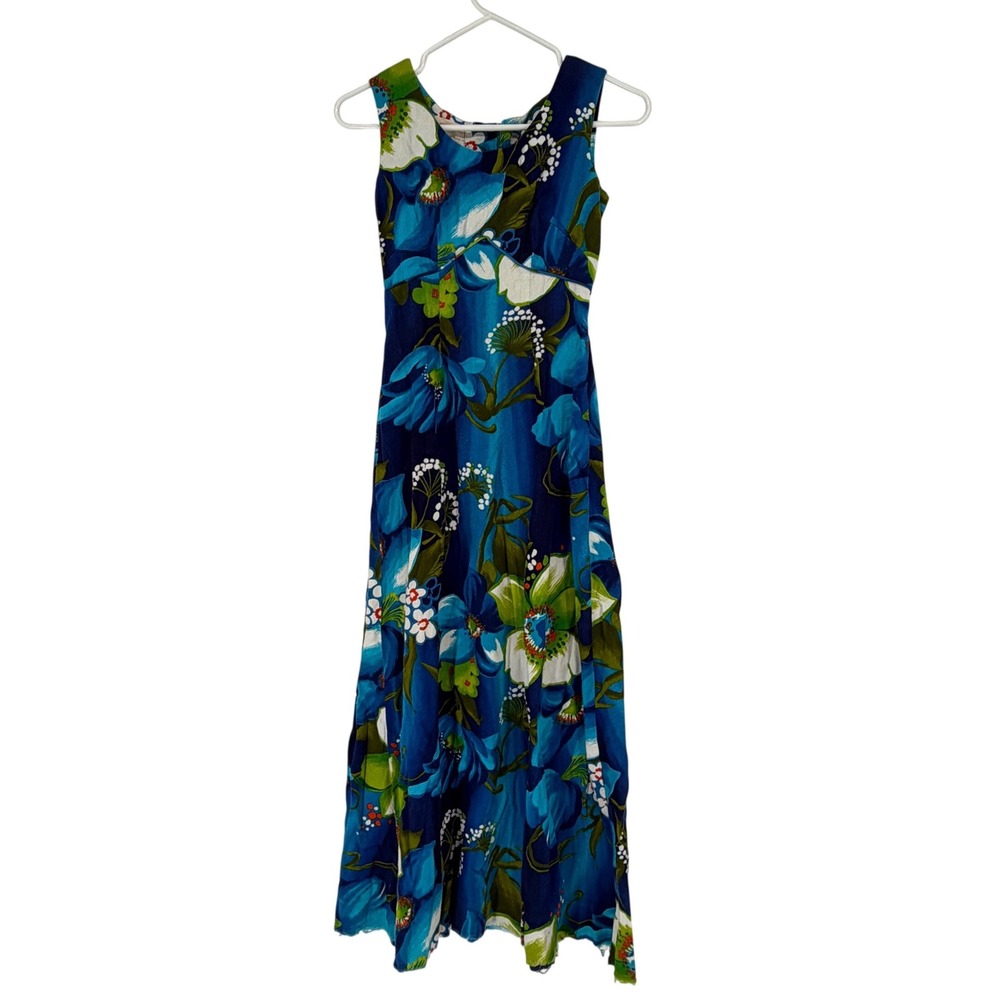 Vintage Royal Hawaiian Blue Floral Barkcloth Maxi Dress‎ Size 6 Made in Hawaii